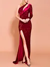 One-Shoulder Hollow Sequined Split-Side Slim Evening Maxi Dress