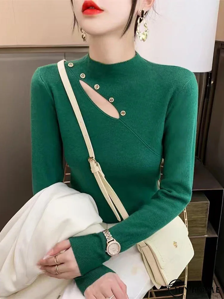 Women's Acrylic Mock-Neck Full Sleeves Solid Pattern Sweater | IFYHOME