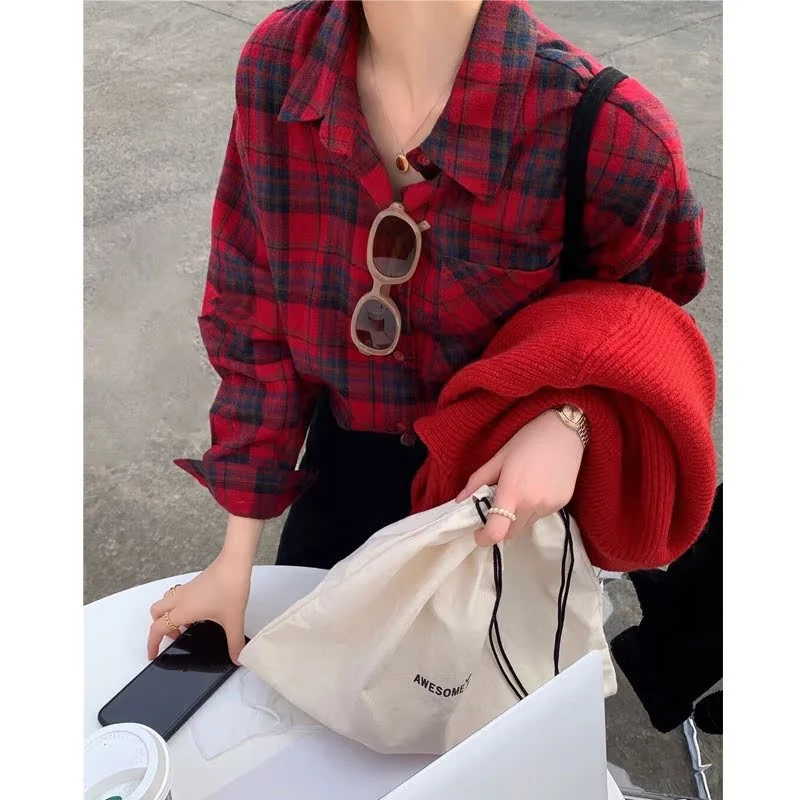 Athvotar Athvotar Red Plaid Shirt Coat Woman 2025 Spring And Autumn Lazy Wind Loose Shirt Casual Design Sense
