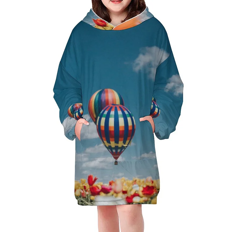 Yellow And Red Tulip Flowers Under Hot Air Balloon Oversized Sweatshirt Blanket Girls Pullovers Wearable Blanket Gift for Kids - Heather Prints Shirts
