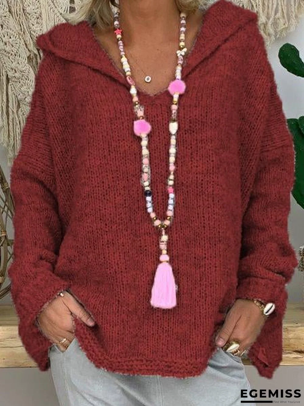 Casual Solid Shift Knitted Hoodie Sweater | EGEMISS