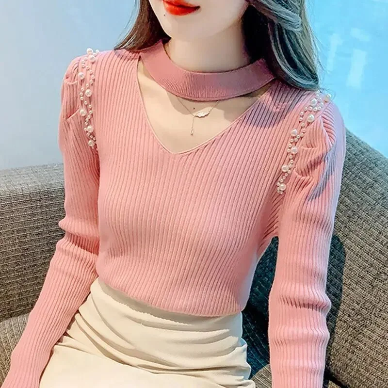 Wongn Spliced Folds Beading Puff Sleeve Blouses Women's Clothing 2023 Autumn Loose All-match Tops Knitted Office Lady Shirts