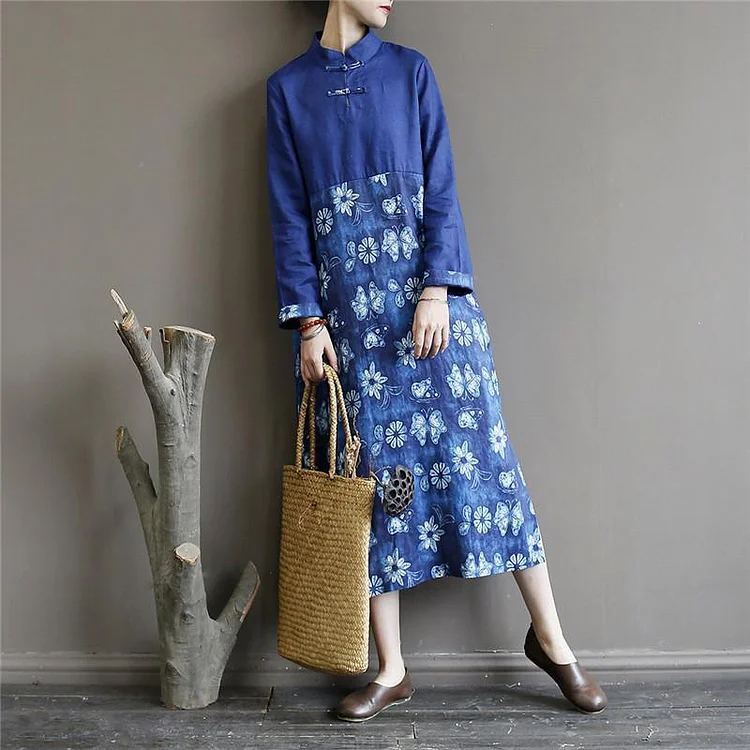 Loose stand collar linen patchwork clothes For Women Fabrics blue Dress
