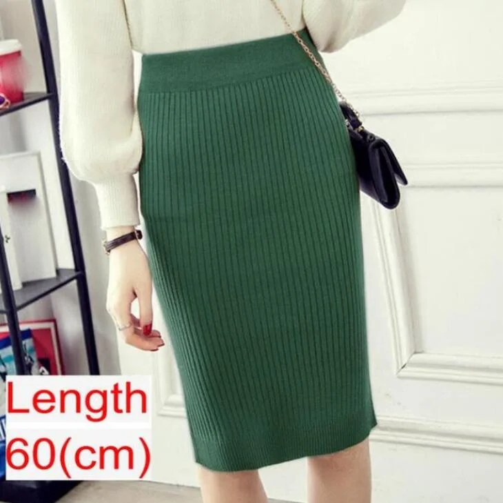 Women Knitted Pencil Skirts Slim Solid Basic Ladies Office High Waist Elegant Midi Skirt 2020 Autumn Winter Warm Womens Skirts
