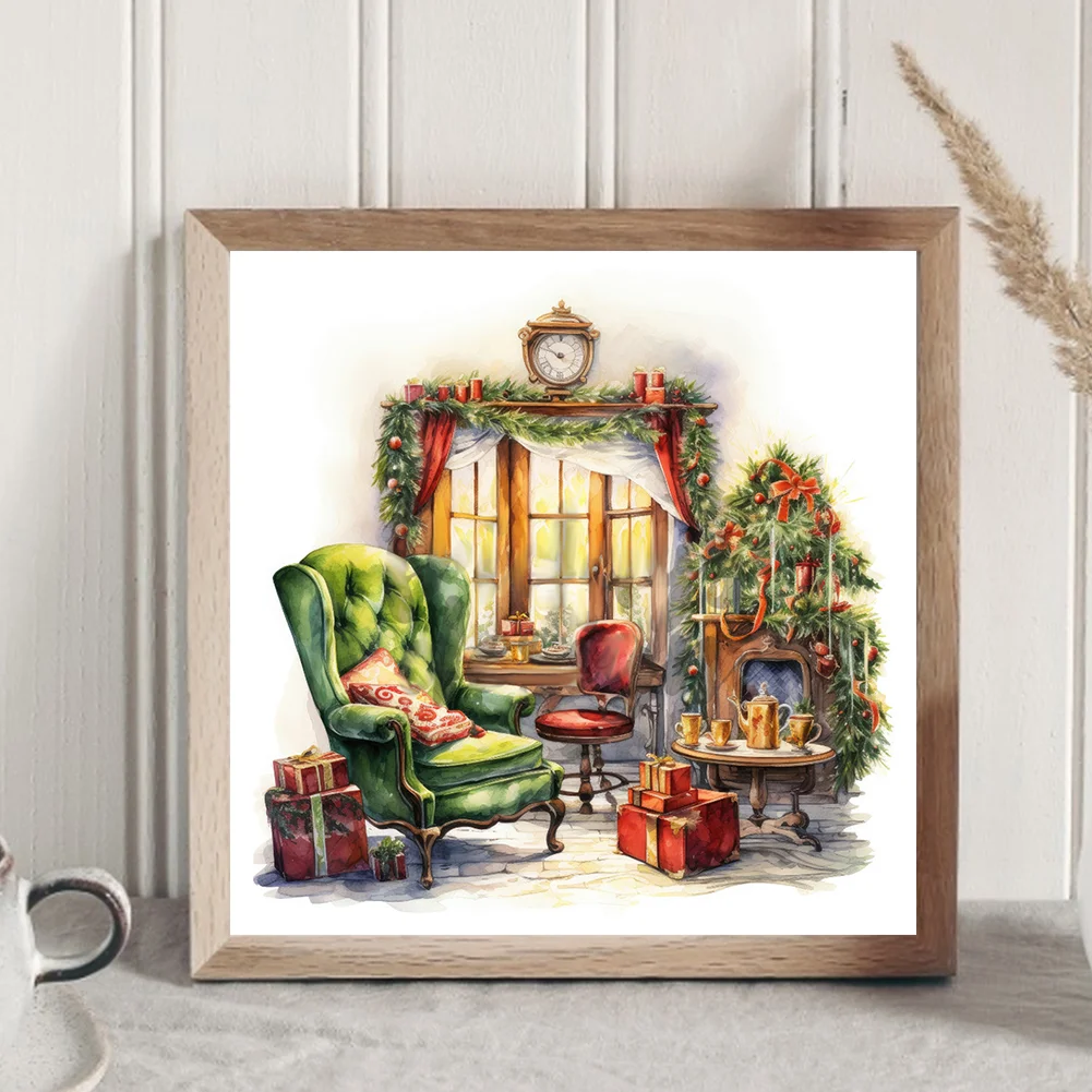 Full Round Diamond Painting 30*30cm - Green Sofa With Floor-To-Ceiling Windows