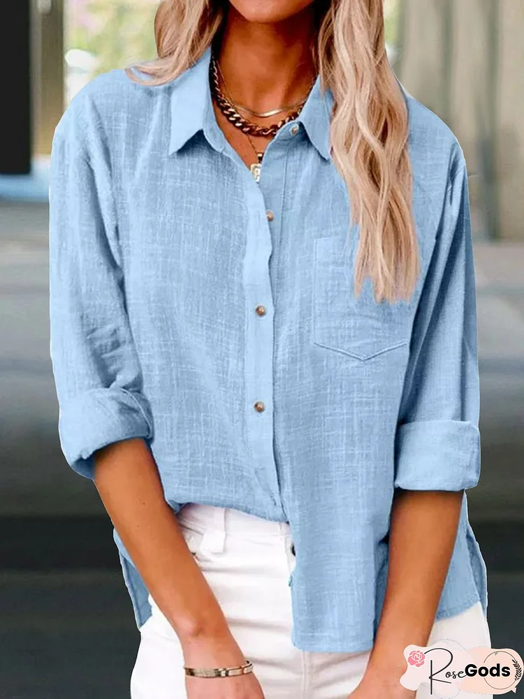 Cotton Plain Shawl Collar Buttoned Blouse