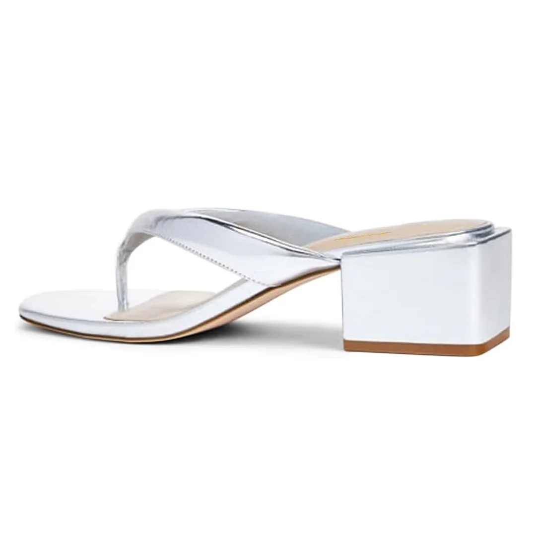 Silver Metallic Finish Open Toe Block Heel Flip Flops for Women