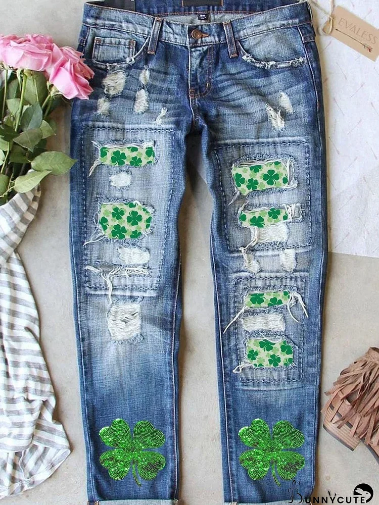 Shimmering Clover Patch Denim Jeans for St. Patrick's Day