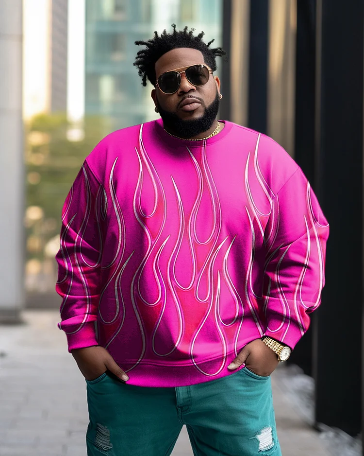 Men's Plus Size Casual Pink Art Flame Sweatshirt