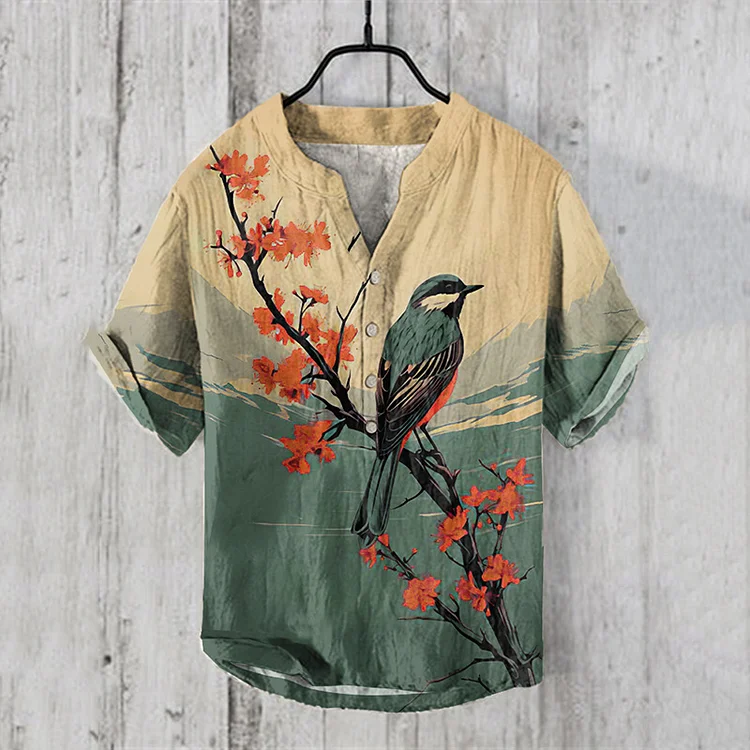 Bird Fun Art Print Short Sleeve Cotton And Linen Shirt