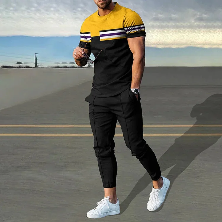 Fashion Black Yellow Contrast Color T-Shirt And Pants Co-Ord