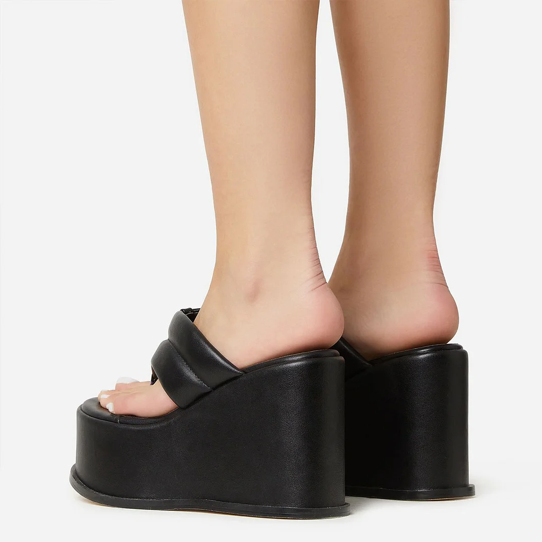 Black Round Toe Wedge High Heel Wide Strap Slip On Platform Flip Flops