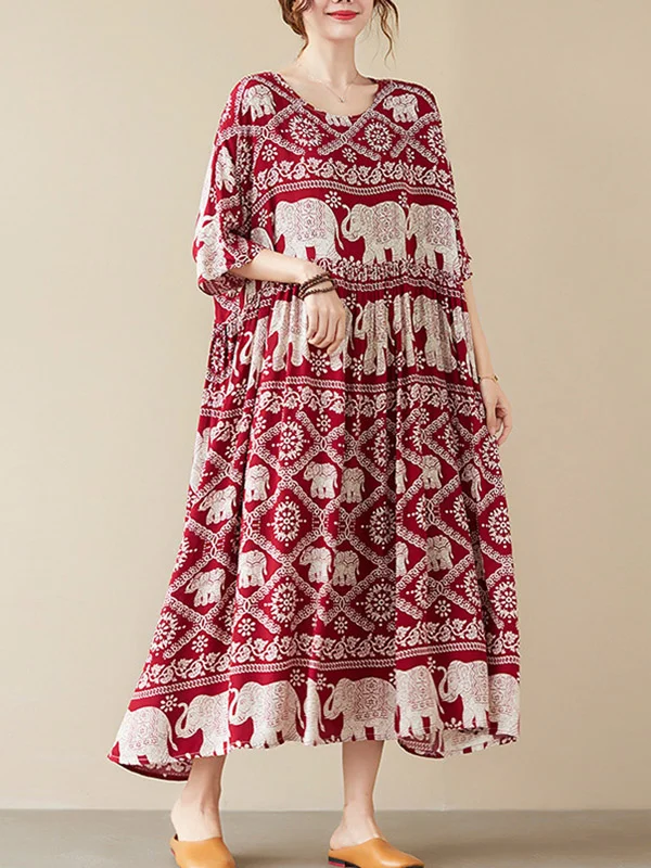 National Floral Stamped Pleated Round-Neck Half Sleeves Roomy Midi Dress