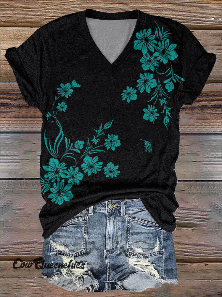 Turquoise Floral Print Comfort V-Neck T-Shirt Black / S