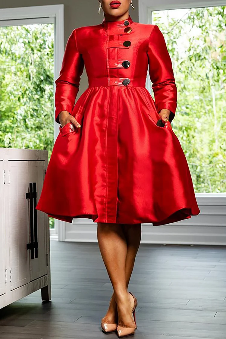 Plus Size Business Casual Dress Red Long Sleeve A Line Mock Neck Button Midi Dress With Pocket 