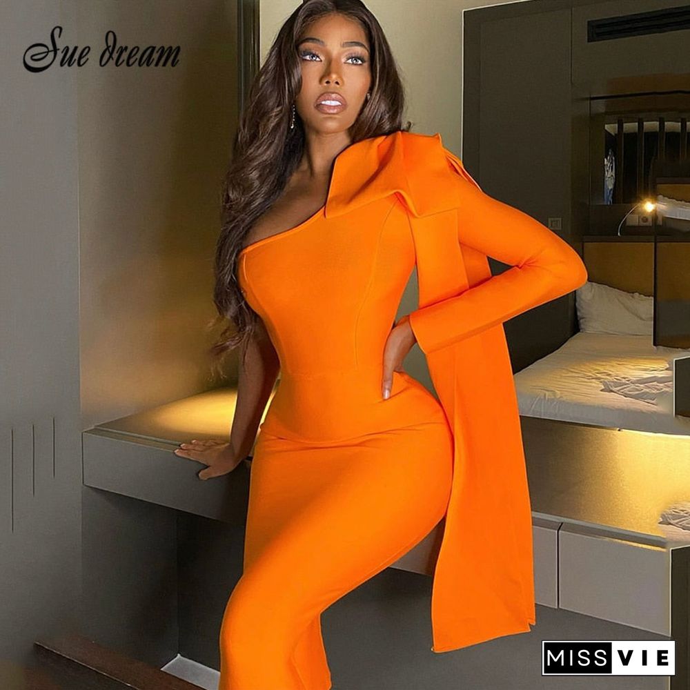 Summer New Women's Fashion Sexy One-shoulder Long-sleeved Bow Elegant Celebrity Bandage Dress Bodyon Midi Dress Vestidos