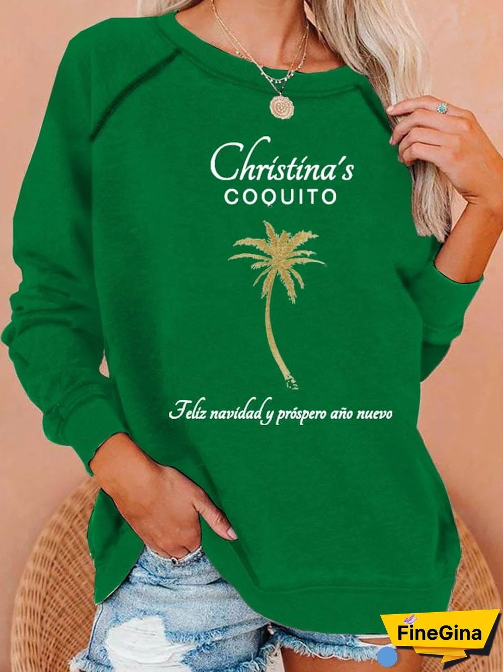 Women's Christmas Goldtone Palm Tree Print Casual Sweatshirt