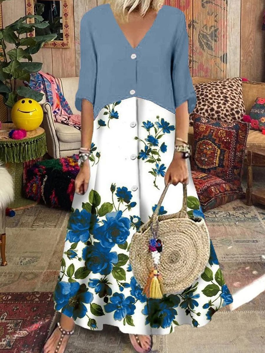 V-neck Casual Loose Floral Print Mid Sleeve Maxi Dress