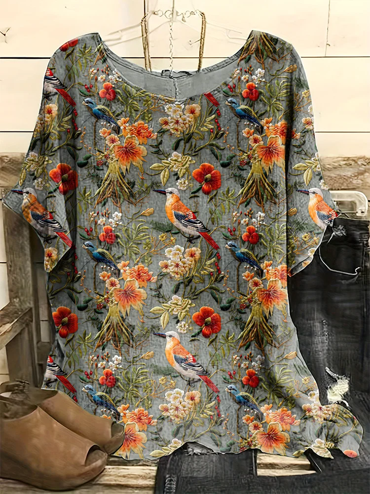 VChics Flower & Bird Embroidery Pattern Cozy Cotton Linen Shirt