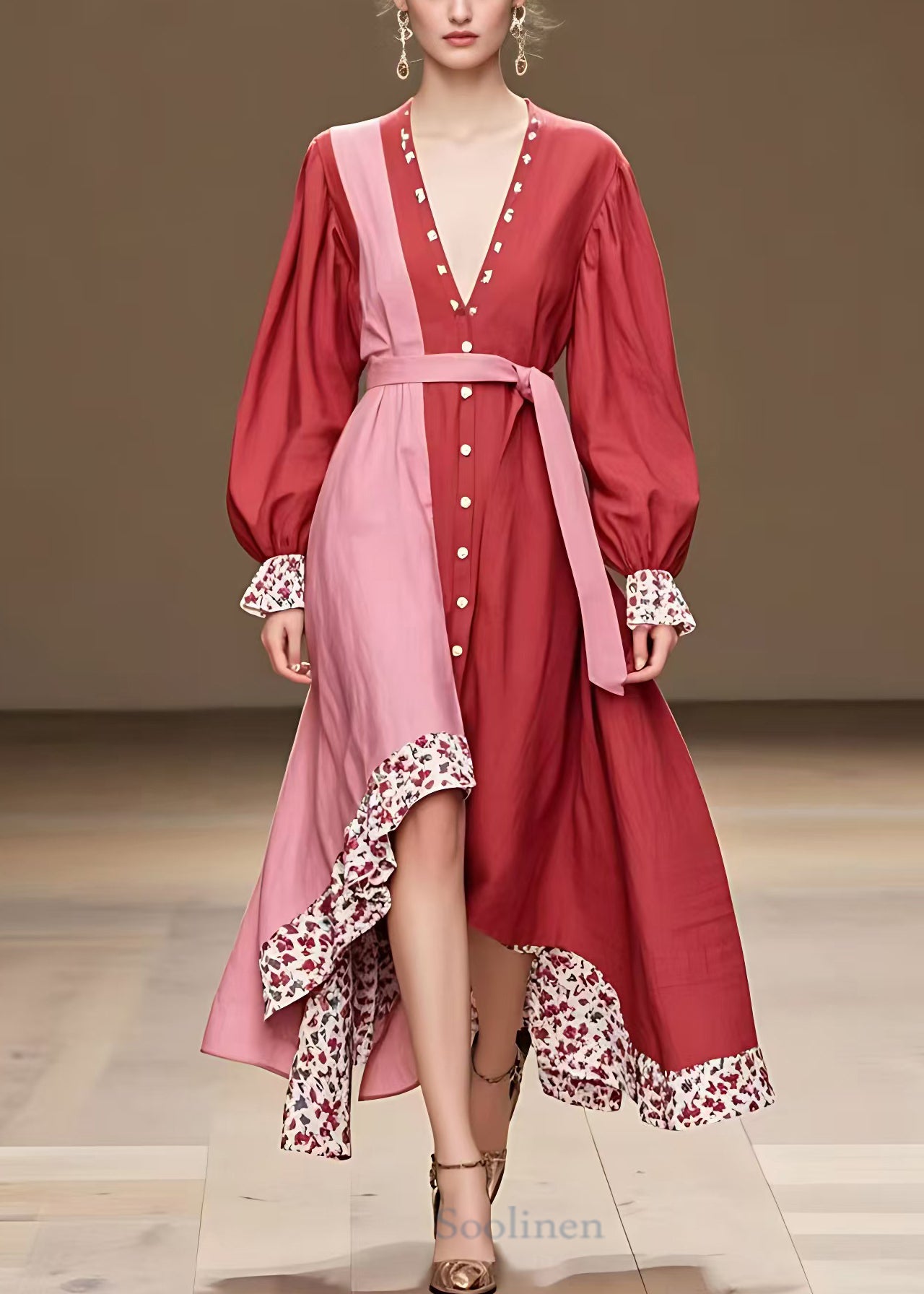 VCSHOES Red Button Tie Waist Patchwork Cotton Long Dress Fall