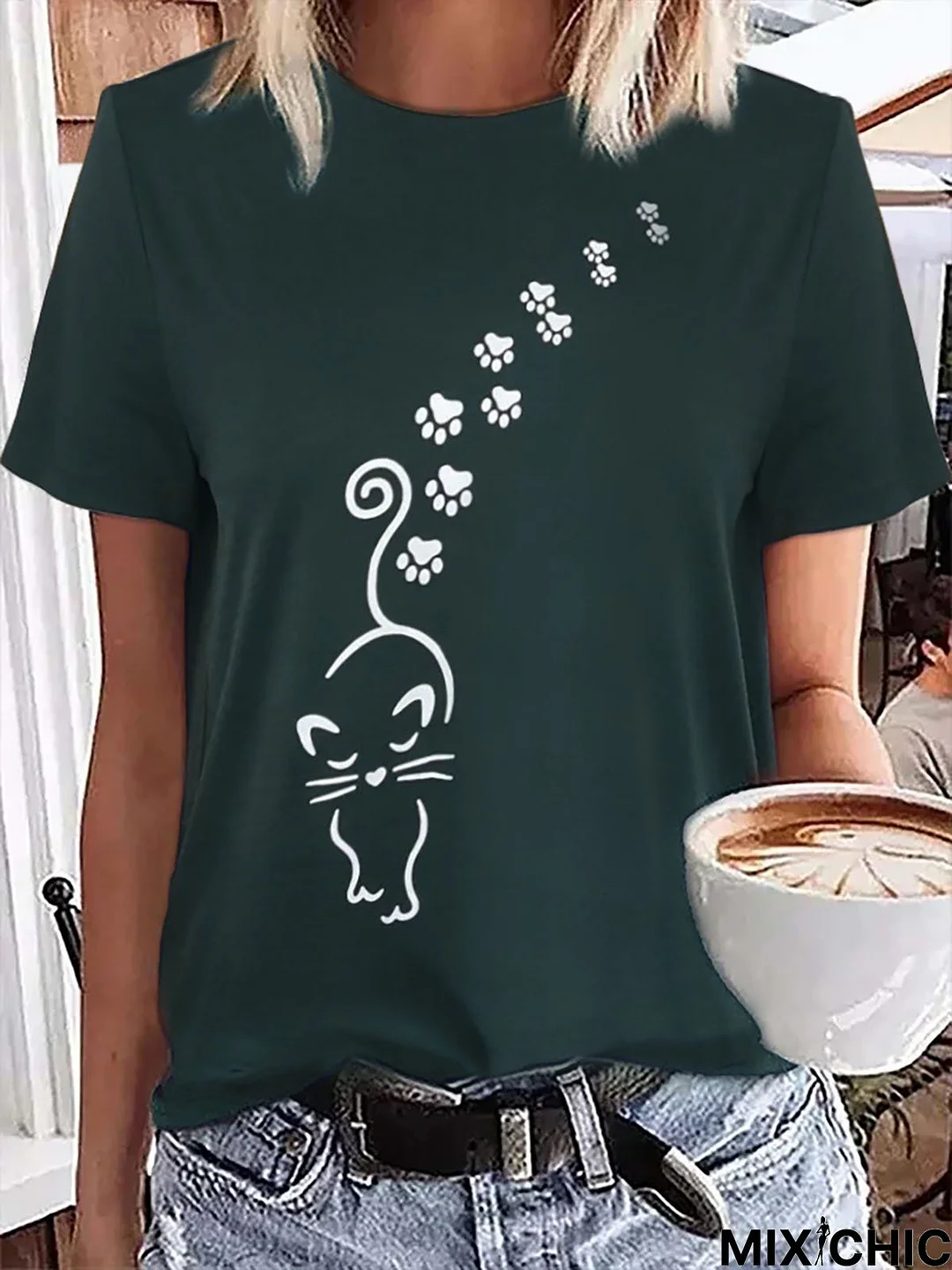 Footprint Graphic Print Short Sleeve Round Neck Casual T-Shirt