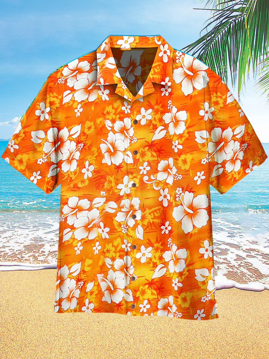 Orange Hawaiian Floral Print Men's Short Sleeve Cuban Collar Shirt PLUSCLOTHESMAN