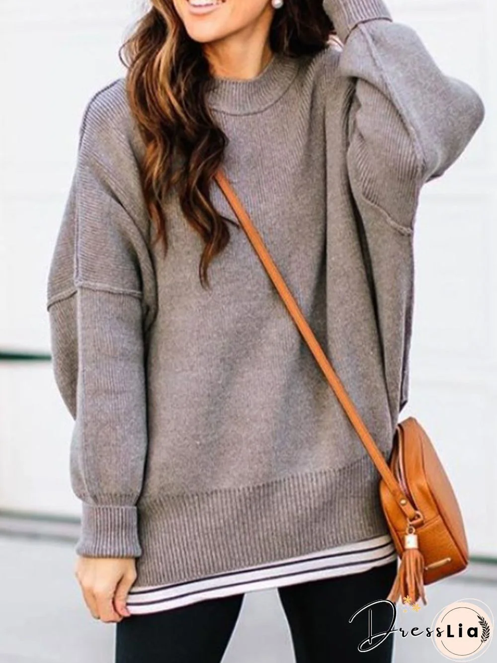 Deep Gray Crew Neck Casual Cotton-Blend Plain Sweater