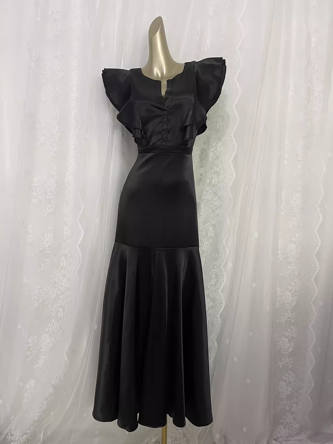 Zingj Sheath Backless Travel Vacation Black Satin Beach Dress Long Dress SD002