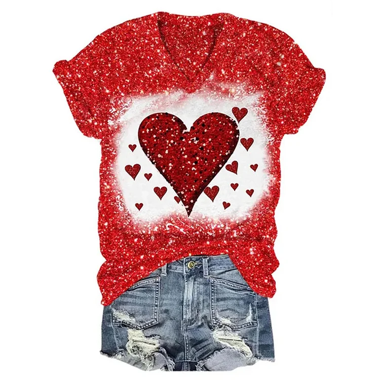 Comstylish Fashion Valentine's Day Heart Sequins Print V-Neck T-Shirt