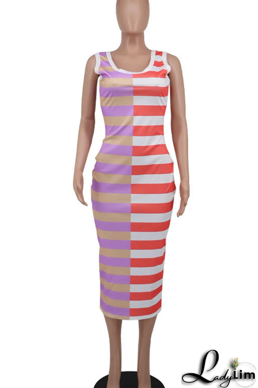 Blue Casual Striped Print Patchwork U Neck Pencil Skirt Dresses