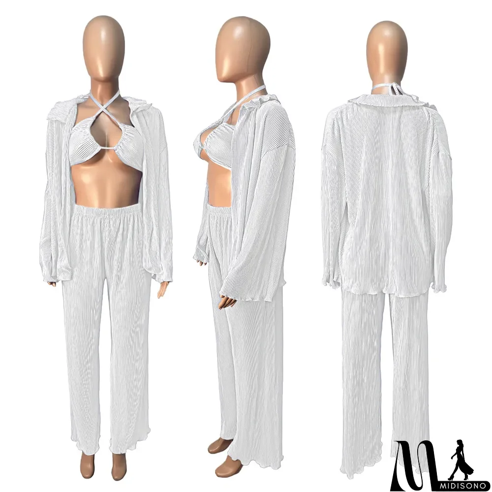 MidiSono - Fall Solid Color Wide Leg Pants Three-Piece Set