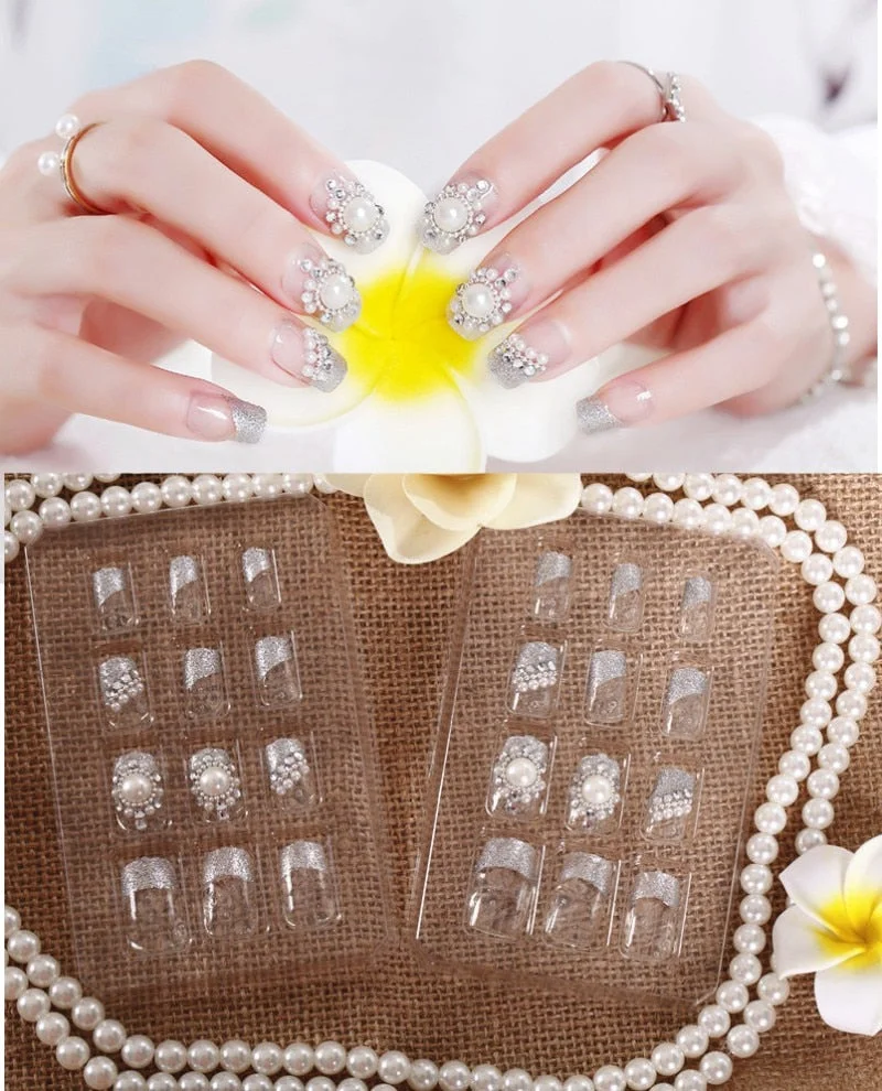 24Pcs/Set Fake Nails Press on Girls Finger Beauty False Nail Art Tips Bright Shining 3D Diamond Full Cover French Nail Art Tips-Nail Inspo