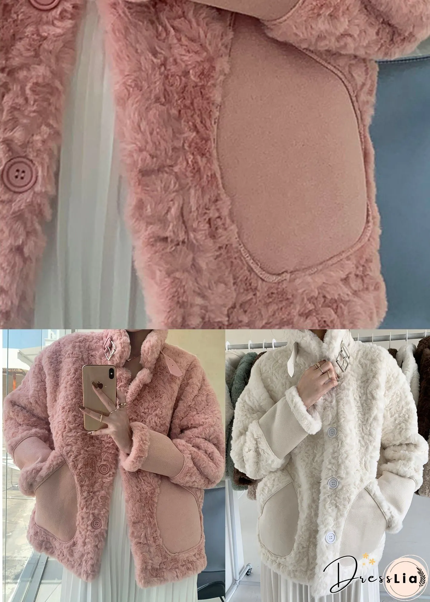 Women Pink Stand Collar Pockets Faux Fur Winter Coats