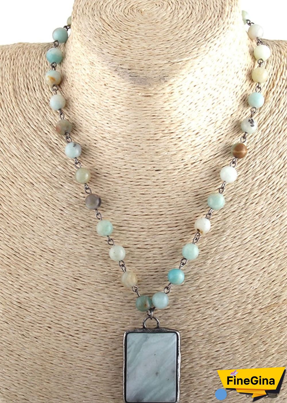 Boho Necklace, RH Jade Amazonite, Square Green Natural Stone