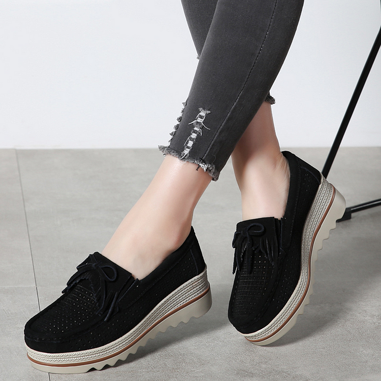 Women's Platform Shoes Suede Cow Leather Loafers -loafers