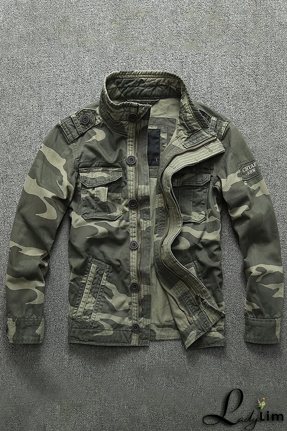 Green Fashion Casual Solid Camouflage Print Buckle Zipper Mandarin Collar Outerwear