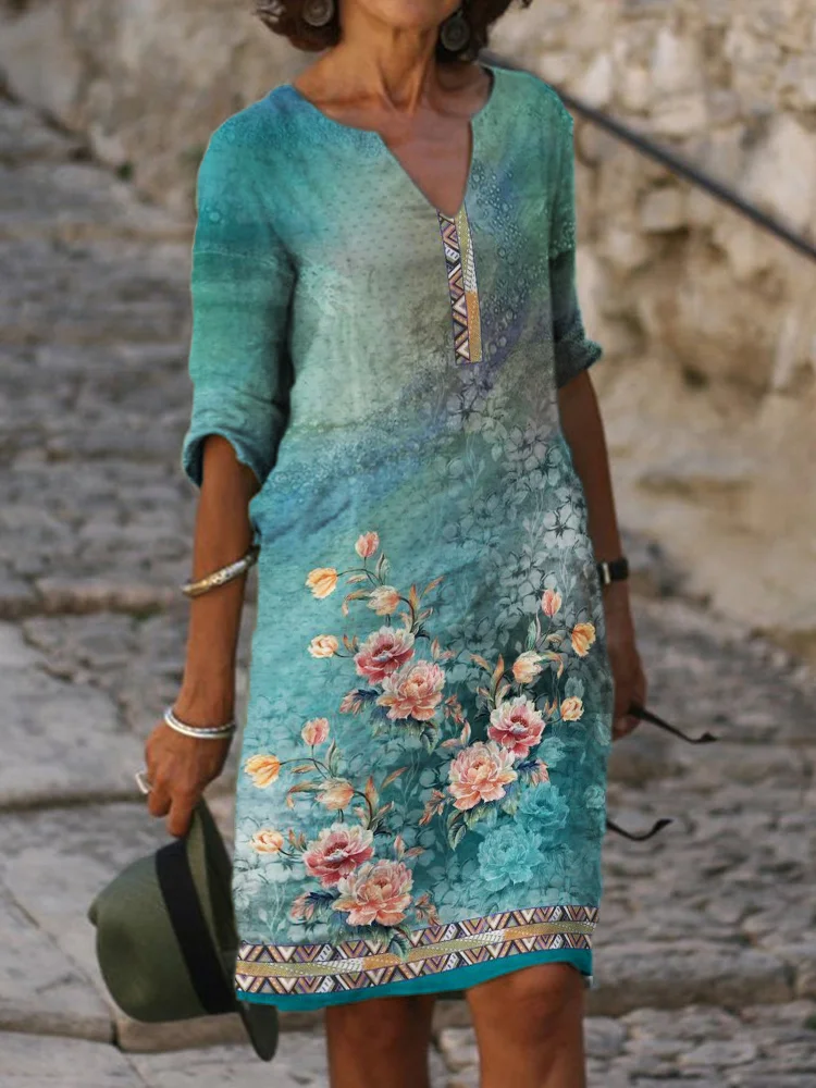 Floral Art Ethnic Hem Notch Neck Midi Dress