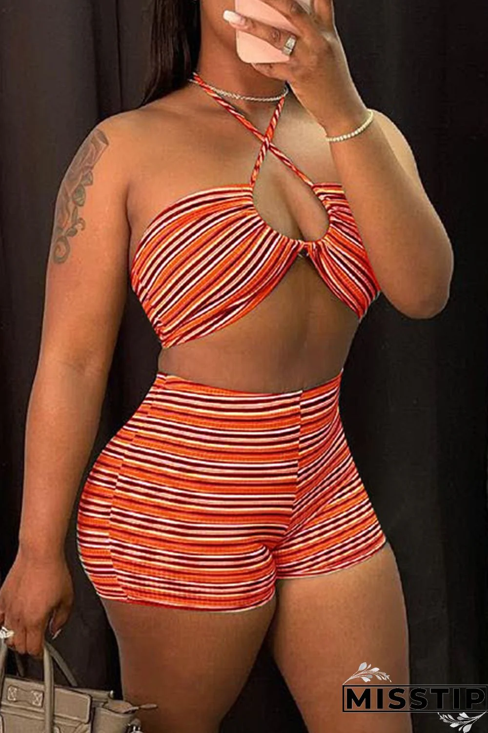 Pale Red Fashion Sexy Striped Print Hollowed Out Backless Halter Sleeveless Two Pieces