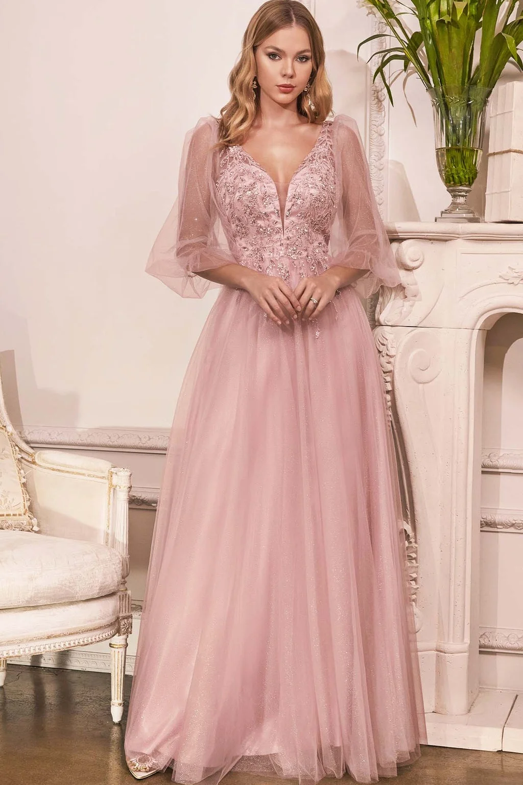 Oknass Charming Tulle V Neck Sleeveless Long Prom Dress With Appliques
