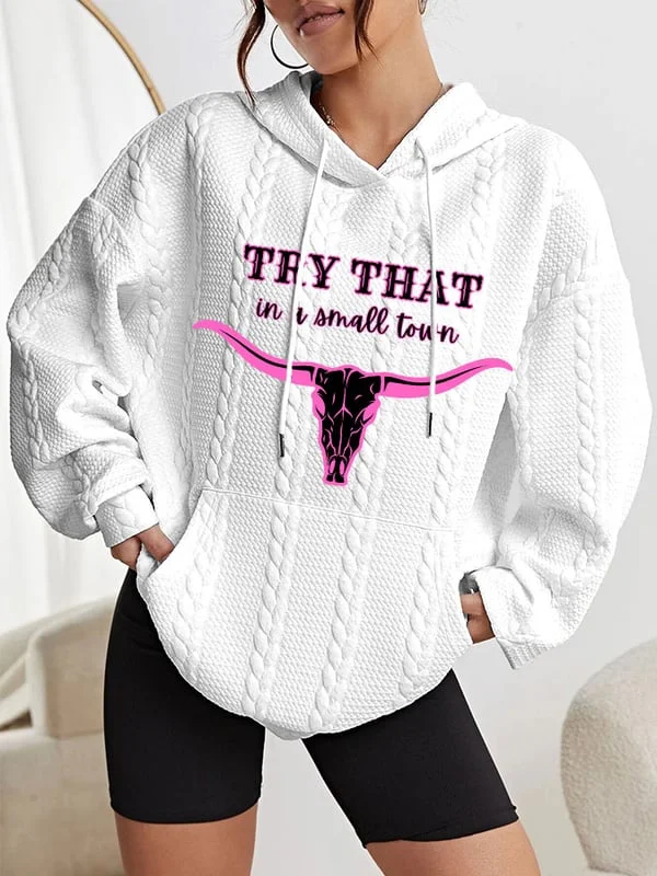 Women's Pink 'Try That In A Small Town' Print Cable Hoodie.