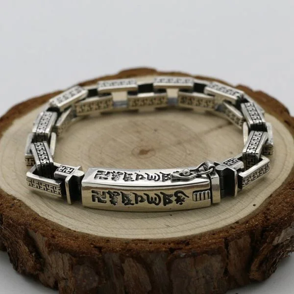 Sterling Silver Buddhist Mantra Link Chain Bracelet