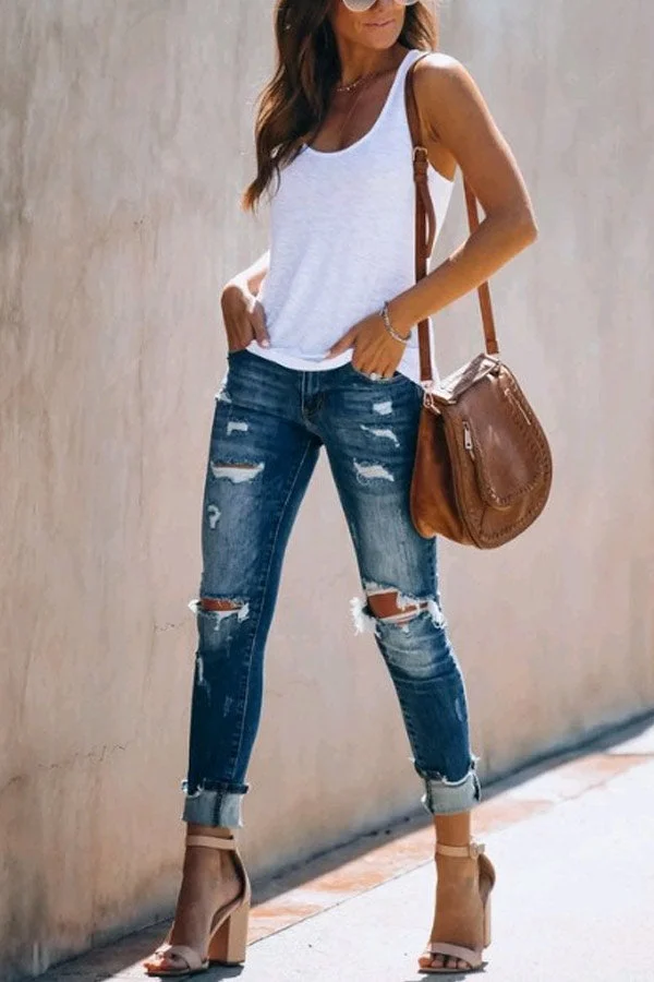 Fashion Elastic Holes Jeans