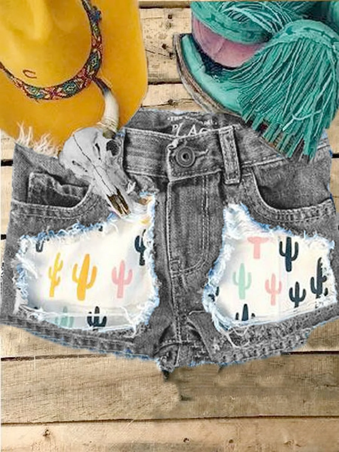 Casual western torn printed denim shorts | EGEMISS