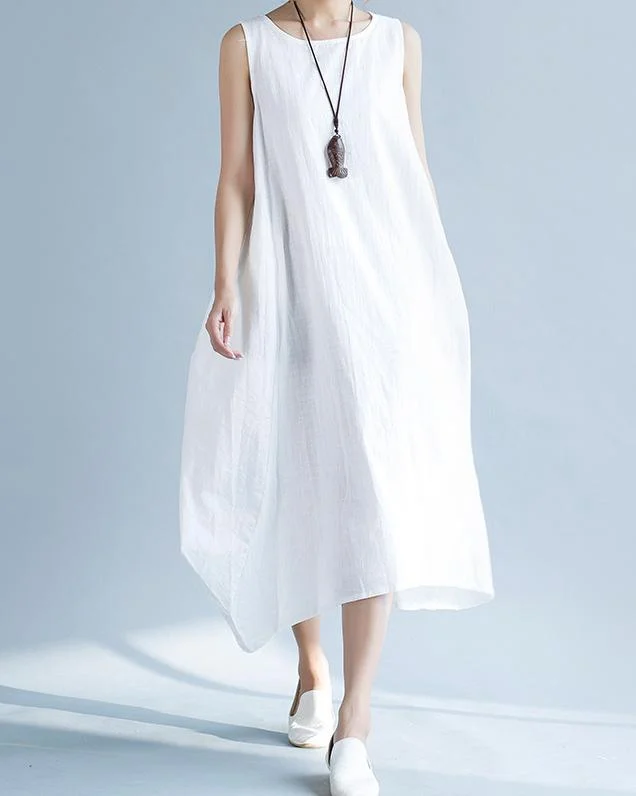 Round Neck Solid Color with Pockets Cotton and Linen Dress