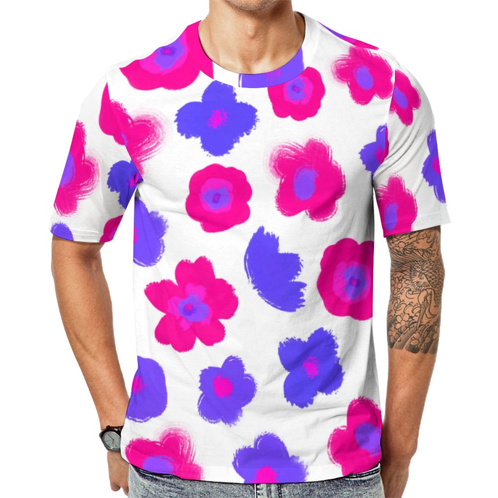 Floral Pink Purple Short Sleeve Print Unisex Tshirt Summer Casual Tees for Men and Women Coolcoshirts