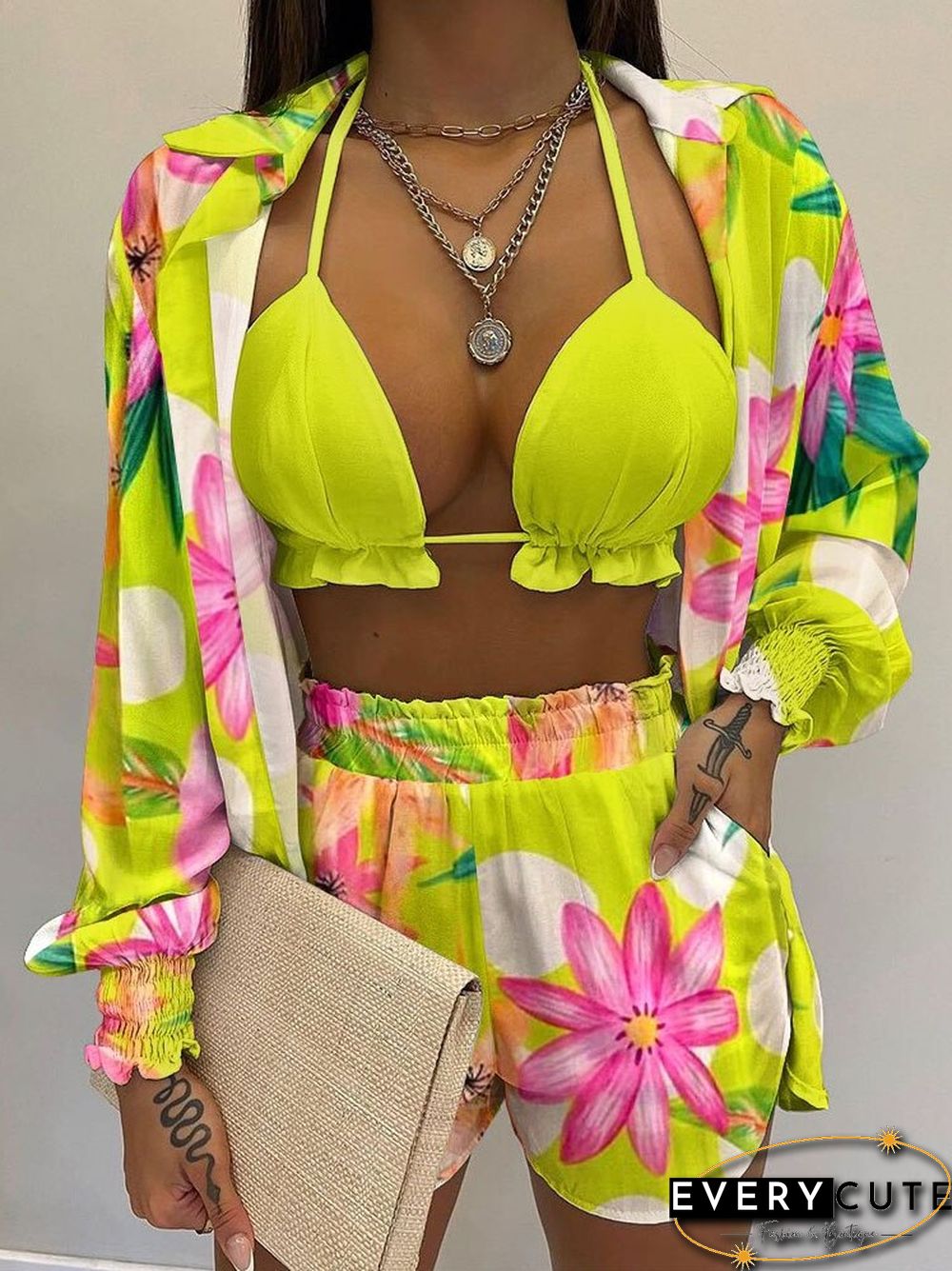Retro Elegant Print V-Neck Bra Long Sleeve Shirts tops shorts suits beach women casual