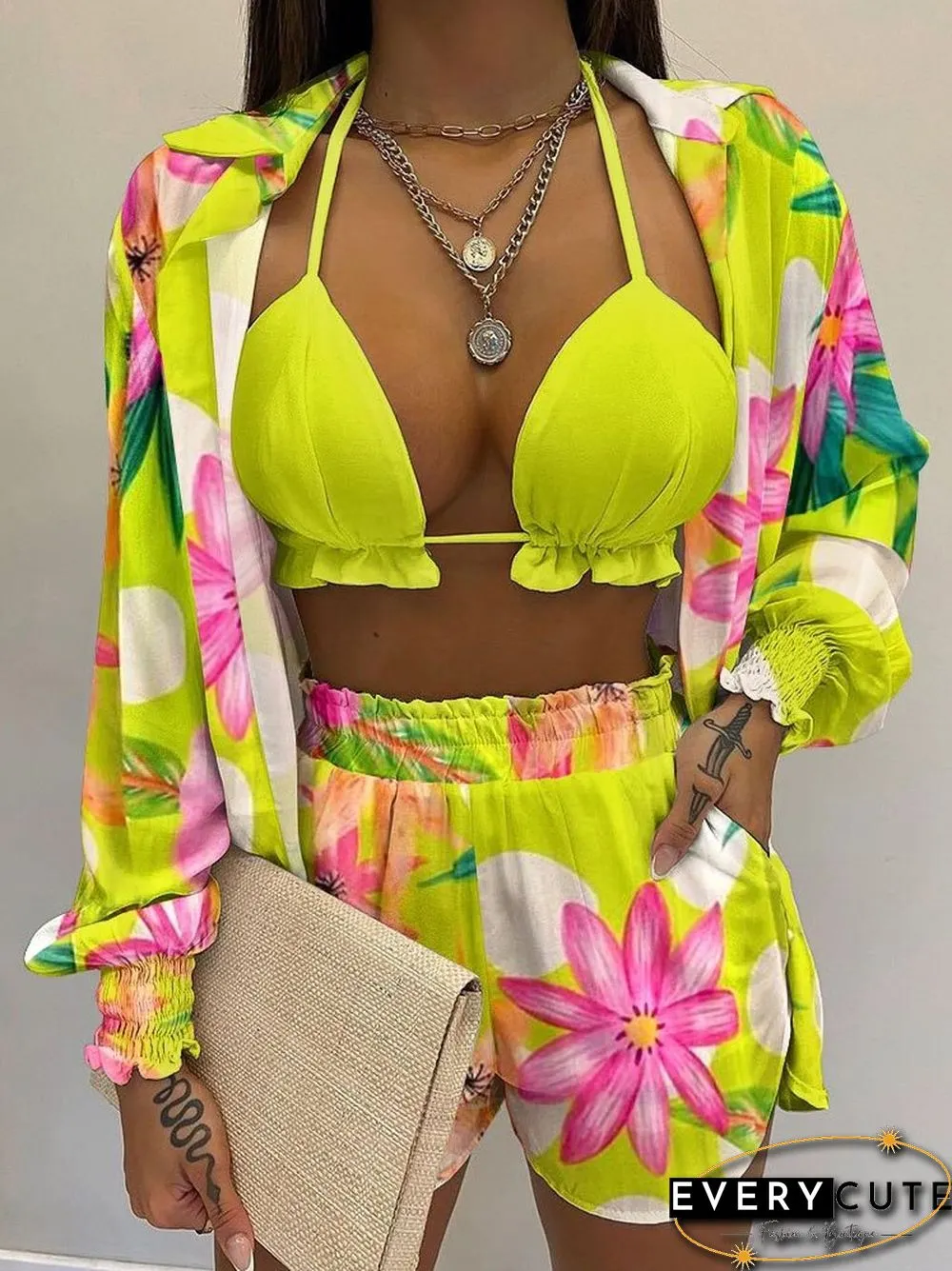 Retro Elegant Print V-Neck Bra Long Sleeve Shirts tops shorts suits beach women casual