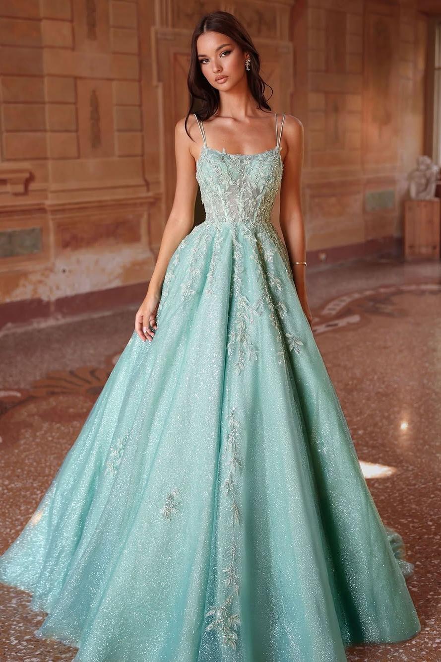 Lussooy Stunning Applique Mint Green Spaghetti Strap Sleeveless A Line Prom Dress with Beadings 