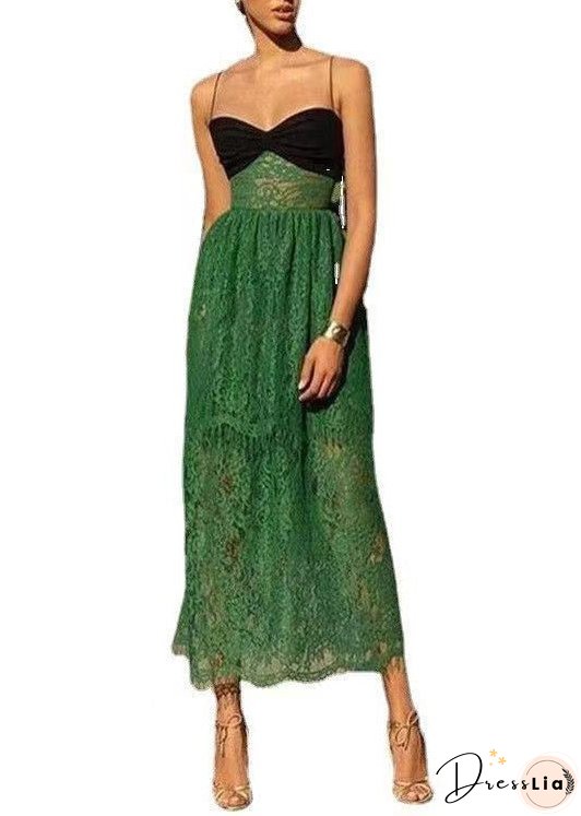 Sexy Green Cold Shoulder Patchwork Lace Spaghetti Strap Dress Sleeveless