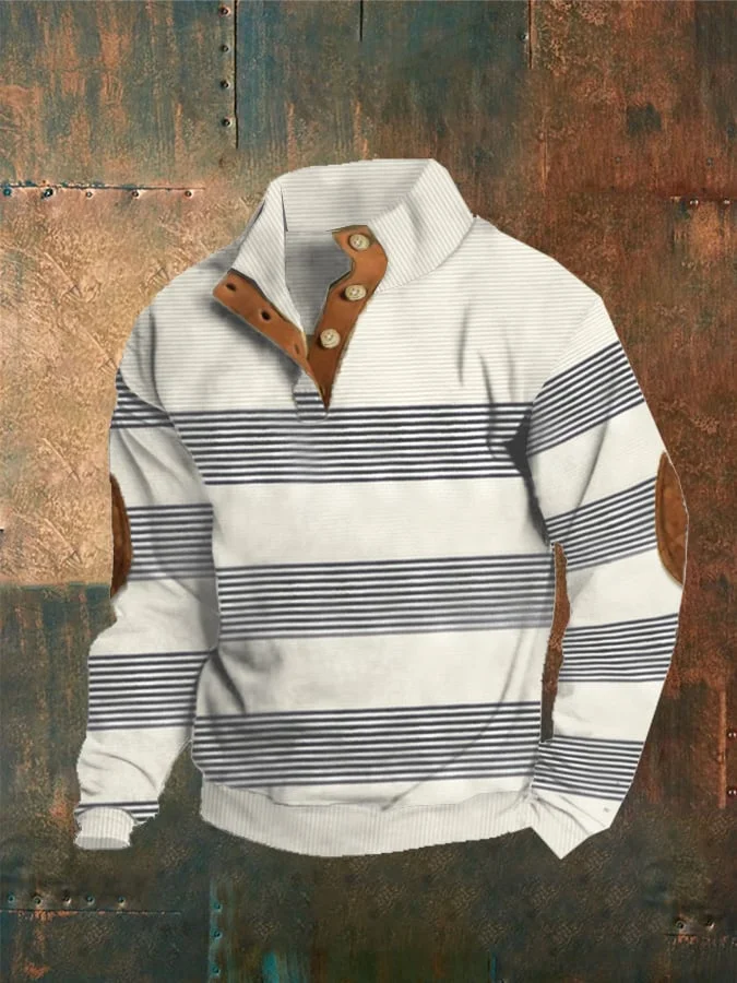 Men'S Stripe Print Button Casual Sweatshirt
